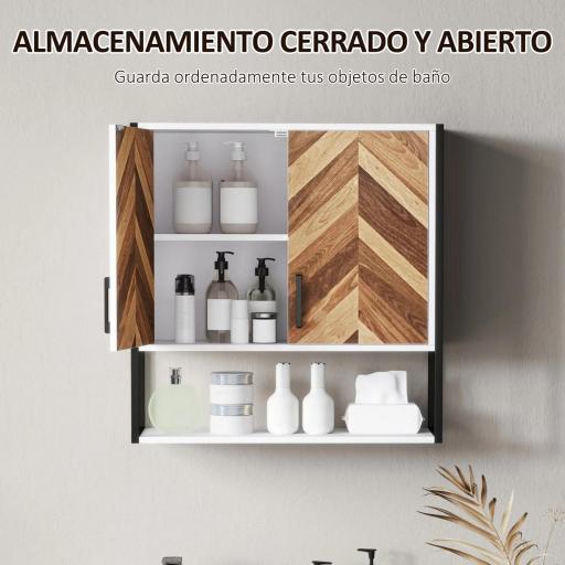 Armario de Pared para Baño Armario Colgante con 2 Puertas Estante Ajustable y Estante Abierto 59x20x60 cm Multicolor [3]