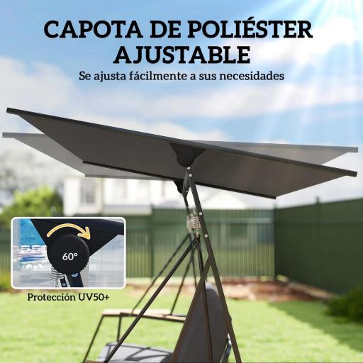 Columpio de Jardín Exterior de 3 Plazas con Techo Ajustable 2 Bandejas Cojines y Marco de Metal Carga 360 kg Gris [3]