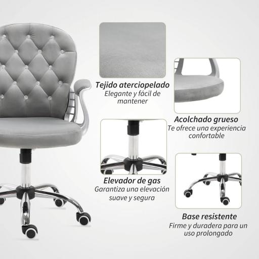 Silla de Escritorio de Terciopelo con Altura Ajustable Reposabrazos y Decoraciones de Diamantes 59,5x60,5x93-103 cm Gris [3]