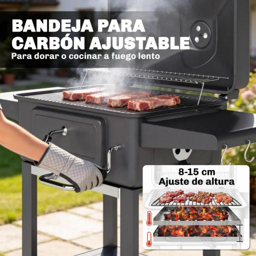 Barbacoa de Carbón con Bandeja y Ventilación Ajustable Estantes Laterales Ruedas Termómetro Tapa y Puerta [5]