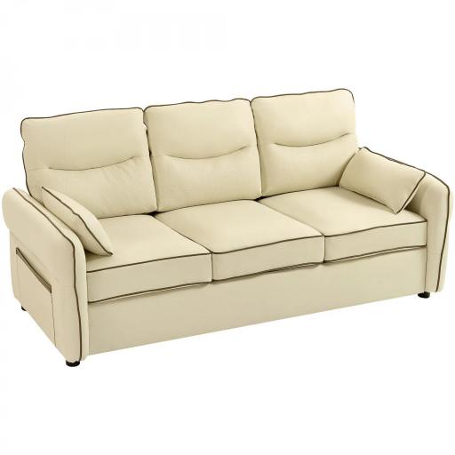 Sofá de 3 Plazas Tapizado en Cuero Sintético Acolchado Grueso Asiento Ancho Reposabrazos Bolsillo Montaje Rápido Beige [8]