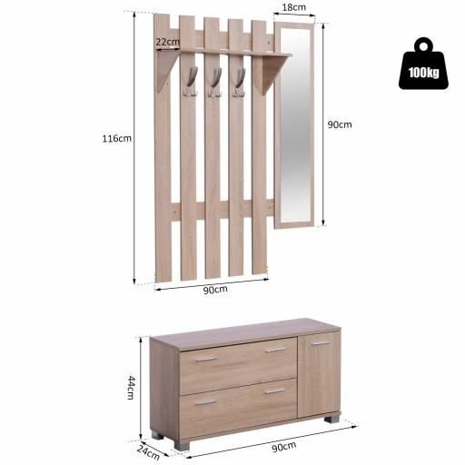 Conjunto de Recibidor de Entrada con Espejo Perchero Zapatero 3 Ganchos Estante y 2 Cajones para Pasillo Roble [1]
