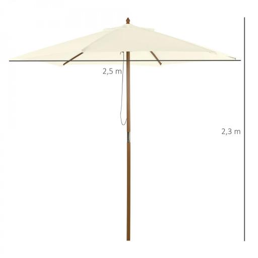 Sombrilla Parasol de Madera Ø250x230cm para Exterior con 6 Varillas Sistema de Polea Color Blanco [1]