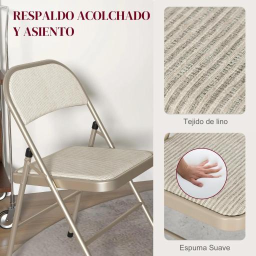 Juego de 4 Sillas Plegables Tapizadas en Lino Sintético con Respaldo y Estructura de Acero para Salón 45x46x78 cm Beige [4]