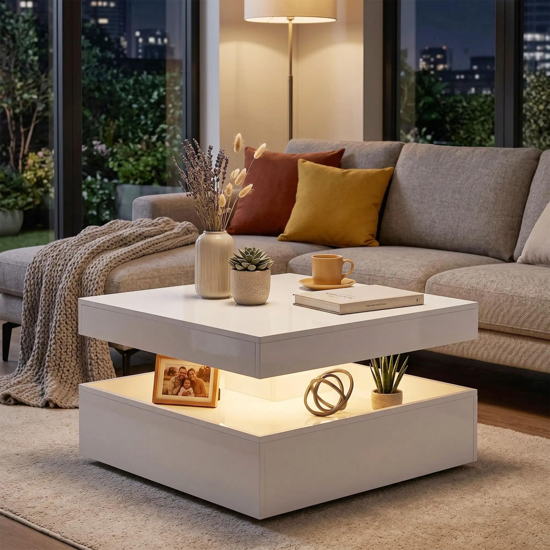 Mesa de Centro con LED RGB de Alto Brillo con Almacenamiento Abierto y Mando a Distancia 78x78x40 cm Blanco Brillante