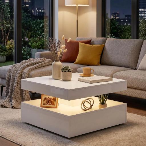 Mesa de Centro con LED RGB de Alto Brillo con Almacenamiento Abierto y Mando a Distancia 78x78x40 cm Blanco Brillante [0]