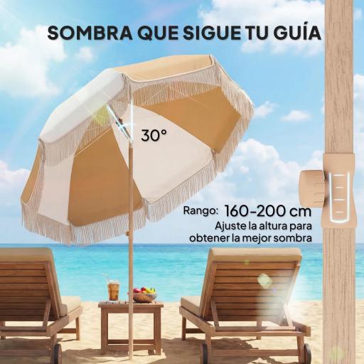 Sombrilla de Playa con Flecos Ø175 cm Sombrilla de Terraza Exterior con Altura Ajustable Inclinación 30° Blanco y Beige [2]