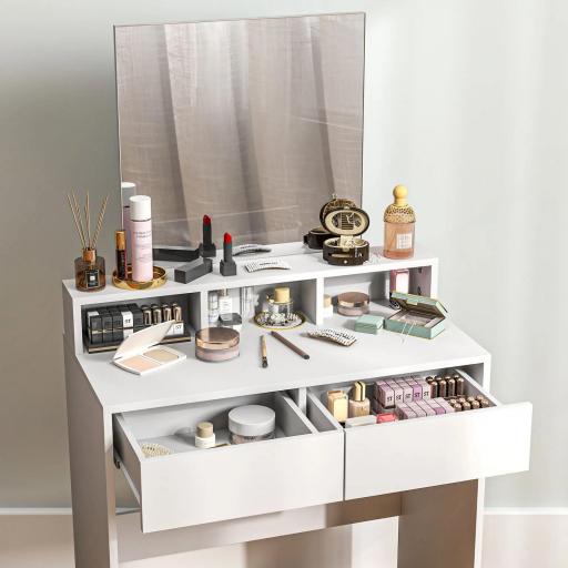 Mesa de Maquillaje con Espejo 2 Cajones 3 Compartimentos Tocador para Dormitorio 75x38x135 cm Blanco [3]