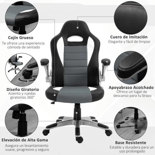 Silla de Oficina Ajustable Silla de Despacho con Reposabrazos Abatibles 5 Ruedas Carga 120 kg 65x69x112-122 cm Gris [1]