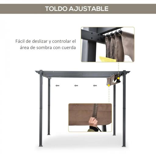 Pérgola de Aluminio 3x3m para Jardín Patio o Terraza con Techo Retráctil Tela Poliéster Resistente a Agua Marrón y Gris [3]