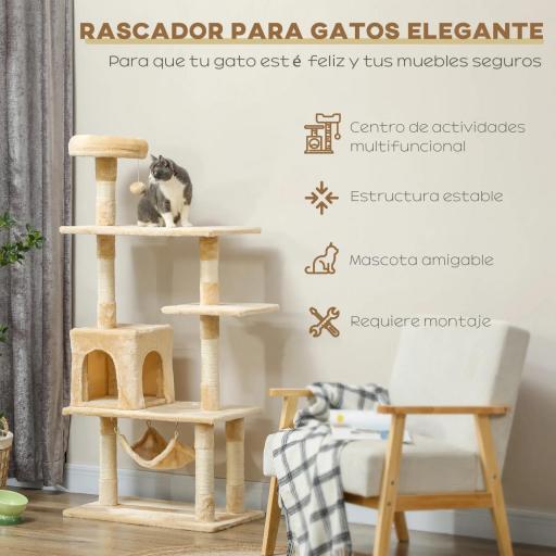 Árbol Rascador para Gatos Grande 70x40x152 cm Torre para Gatos con Múltiples Plataformas Cueva Hamaca Postes Beige [2]