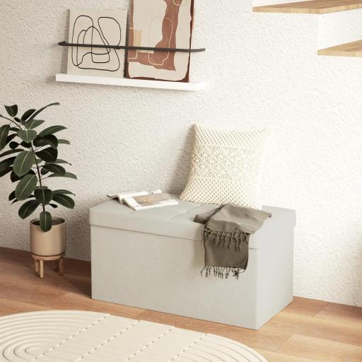 Puff Almacenaje, Banco Almacenaje Plegable 84 L 76x38x38 cm Tapizado en Lino Sintético Baúl de Almacenamiento Crema [5]