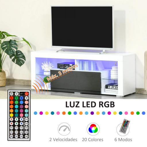 Mueble de TV para Televisiones de 55'' Mesa para TV de Salón con Luz LED 6 Modos de Colores 140x35x52 cm Blanco [4]