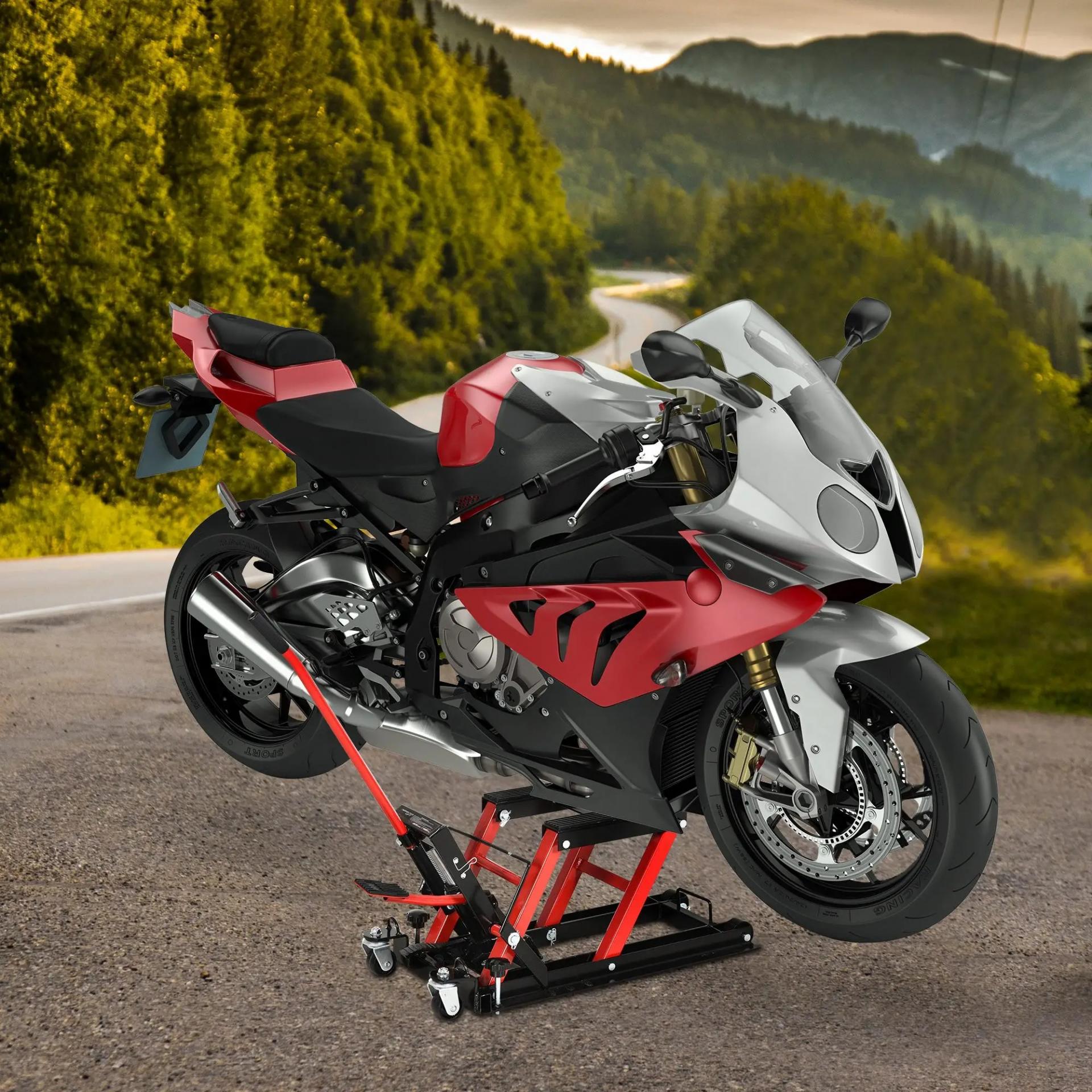 Gato Hidráulico de Motocicletas Soporte 680 kg Elevador ATV para Garaje Pista Altura Ajustable 24-36 cm con Plataforma Almohadilla Antideslizante de Alta Resistencia 110x36x67 cm Negro y Rojo