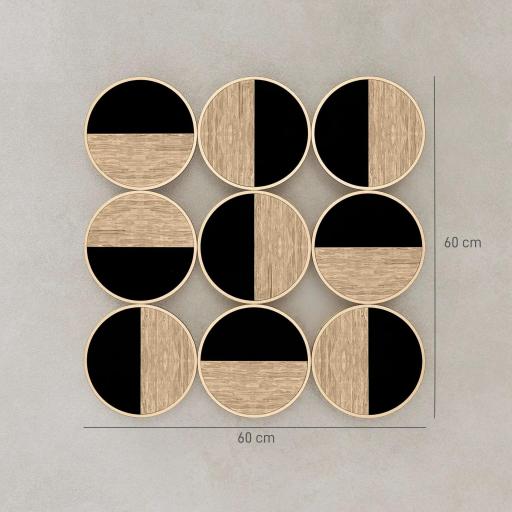 Cuadro Decorativo de Pared Geométrico Adorno Moderno 3D de 60x60 cm con Espejo de Plástico Negro y Madera Natural [1]