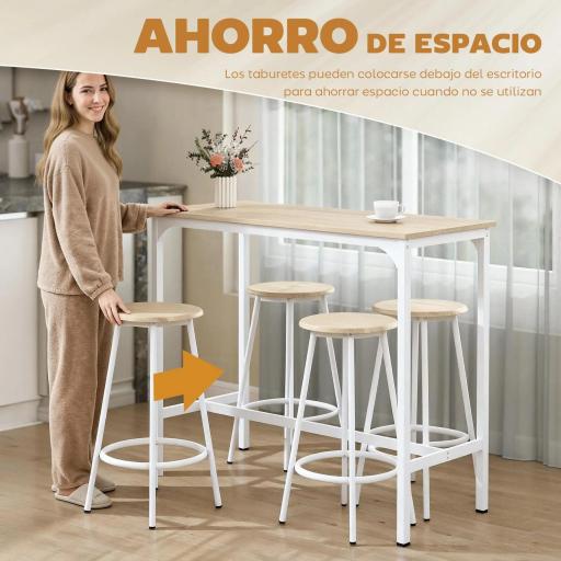 Set de Mesa de Bar y 4 Taburetes Estilo Industrial Marco de Metal para Cocina Salón Natural y Blanco [5]