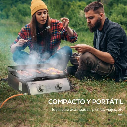 Plancha de Gas Sobremesa con 2 Quemadores de Acero Inoxidable 6 kW con Plancha para Jardín Camping 48,5x48x21 cm Plata [4]