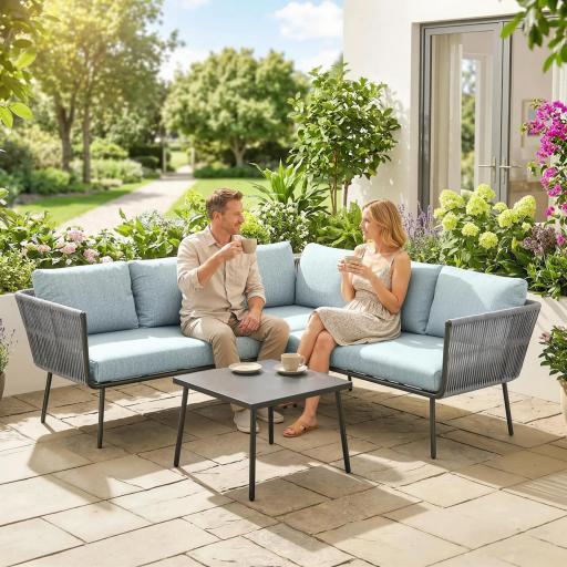 Conjunto de Muebles de Ratán de Exterior Sofá de Esquina con Cojines y Mesa de Centro para Terraza Patio Azul Claro [7]