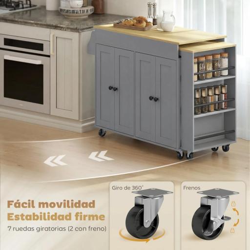 Isla de Cocina con Ruedas Encimera Extensible 4 Puertas Estantes Ajustables Especiero y Soporte para Toallas Gris [3]