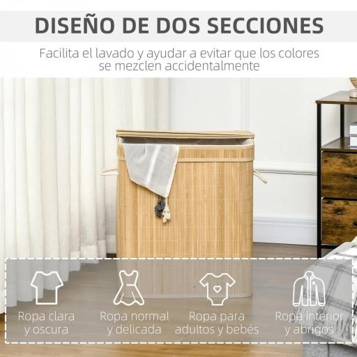 Cesto de Ropa Sucia 90 L de Bambú con 2 Compartimentos Asas Bolsa Interior Extraíble 54,2x35,2x59,5 cm Natural [4]