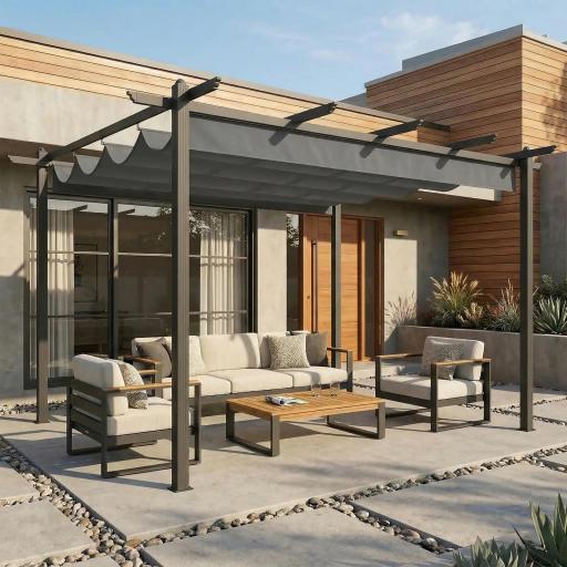 Pérgola de Jardín 4x3 m con Techo Retráctil Estructura de Aluminio UPF30+ Orificios de Drenaje Pabellón Exterior Gris