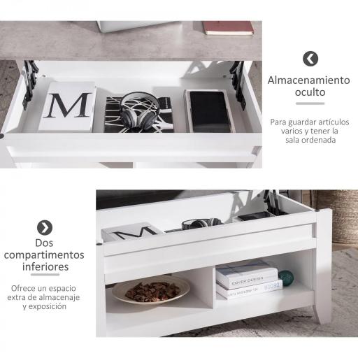 Mesa de Centro Elevable Mesa de Café con Encimera Elevable 2 Compartimentos Abiertos y Espacio Oculto de Almacenaje 105x50x49 cm Blanco y Efecto Mármol [4]