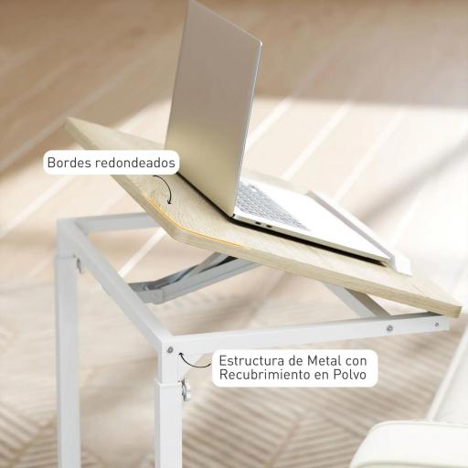 Mesa Auxiliar con Ruedas Altura Ajustable Superficie Inclinable y Marco de Metal 55x36x62,5-82,5 cm Roble [2]