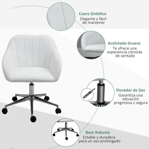 Silla de Oficina Ergonómica Silla de Escritorio Giratoria con Altura Ajustable Respaldo y Reposabrazos de Piel Sintética Carga 120 kg 60x59x79-89 cm Blanco [2]