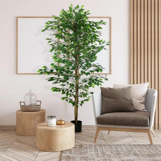Planta Artificial con Troncos Naturales 180 cm Ficus Sintética con 1260 Hojas Decoración para Hogar Verde