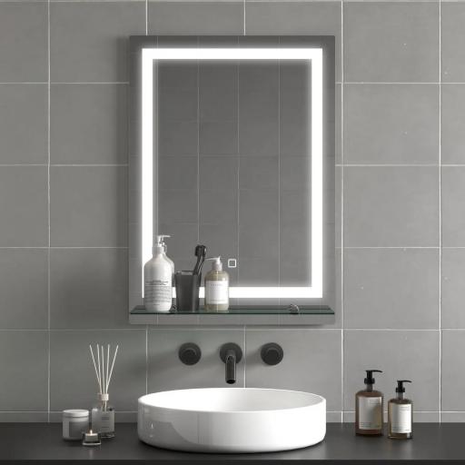 Espejo para Baño 50x70 cm con 3 Colores de Luz Estante de Vidrio Función de Memoria e Interruptor Táctil Plata [9]
