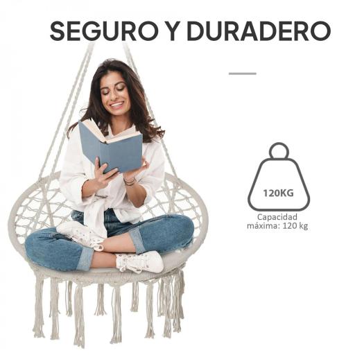 Silla Colgante Redondo de Ø60 cm Silla Hamaca Columpio con Cojín y Cuerda de Algodón para Interior y Exterior Carga 120 kg 80x80x42 cm Beige [3]