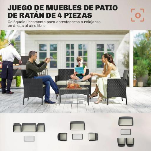 Conjunto Muebles Jardín de Ratán Sintético con Sofá Sillones y Mesa de Vidrio Templado y Cojines Negro y Crema [3]