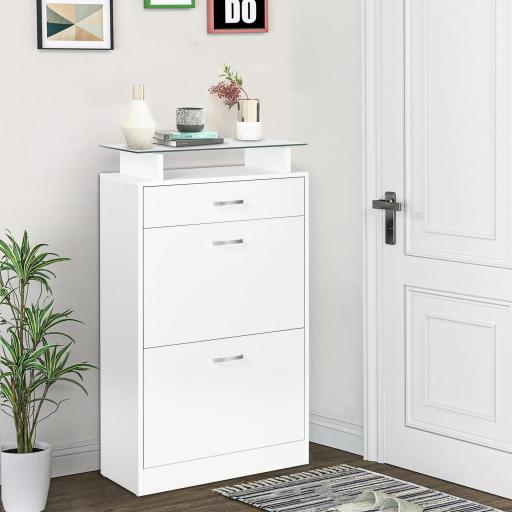 Organizador de Zapatos Multifuncional Zapatero con 3 Cajones Estante de Vidrio Asa de Aluminio para Pasillo Tablero de Partículas Carga 50 kg 60x24x105,5 cm Blanco