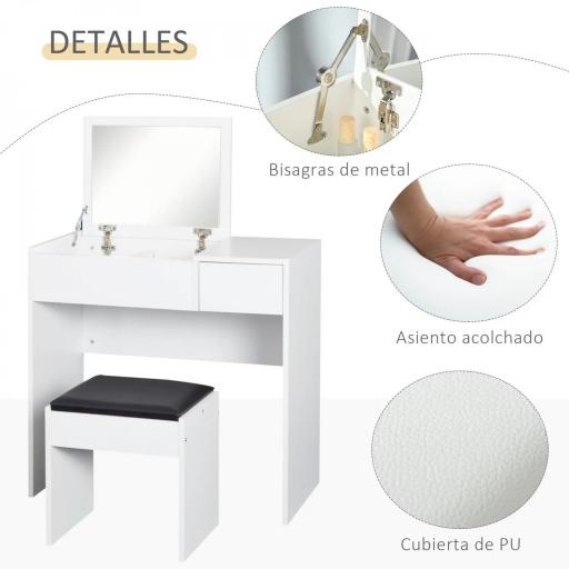 Tocador de Maquillaje con Taburete Mesa de Maquillaje con Espejo Tapa Abatible y Cajas 80x40x79 cm y 40x30x40 cm [4]