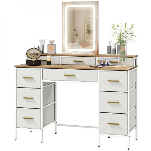 Tocador de Maquillaje con Luces LED de 3 Colores Espejo Tocador con 10 Cajones de Tela Patas de Acero Natural [9]