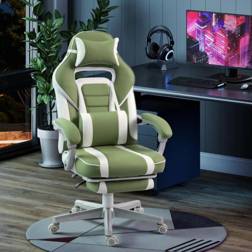 Silla Gamer Reclinable con Altura Ajustable Reposapiés Retráctil Soporte Lumbar y Reposacabezas Desmontable Verde