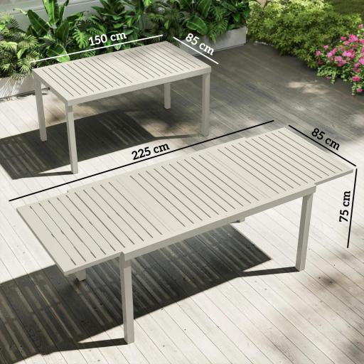 Mesa de Jardín Extensible 150/225x85x75 cm Mesa de Comedor de Aluminio con Tablero de Listones para 6-8 Personas Blanco [1]