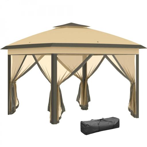 Carpa Plegable 3,3x3,3 m con Altura Ajustable Doble Techo 4 Mosquiteras Extraíbles y Bolsa de Transporte Anti-UV Beige [8]