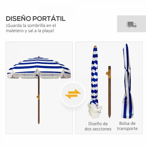 Sombrilla de Playa con Flecos Ø190x210 cm con Protección UV40+ Antiviento Impermeable Bolsa de Transporte Azul y Blanco [7]