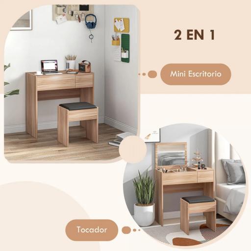 Tocador Compacto con Espejo Abatible y Cajones y Taburete Estilo Minimalista Escritorio Pequeño 80x40x79cm Madera Natural [2]