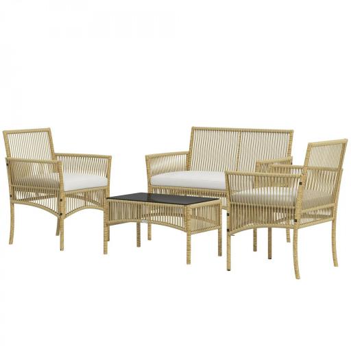 Juego de 4 Piezas Muebles de Terraza con 1 Sofá de 2 Plazas 2 Sillones y 1 Mesa de Centro con Encimera de Cristal Beige [9]