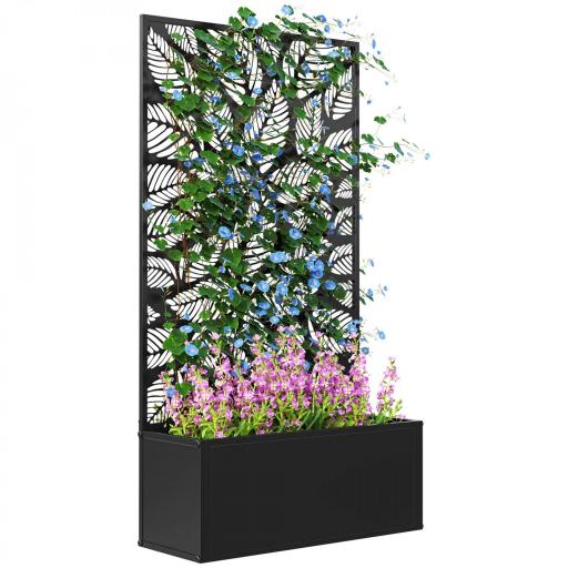 Jardinera Elevada con Panel de Privacidad de Hojas Decorativas de Metal y Opción de Montaje en Pared 61x23x113 cm Negro [8]