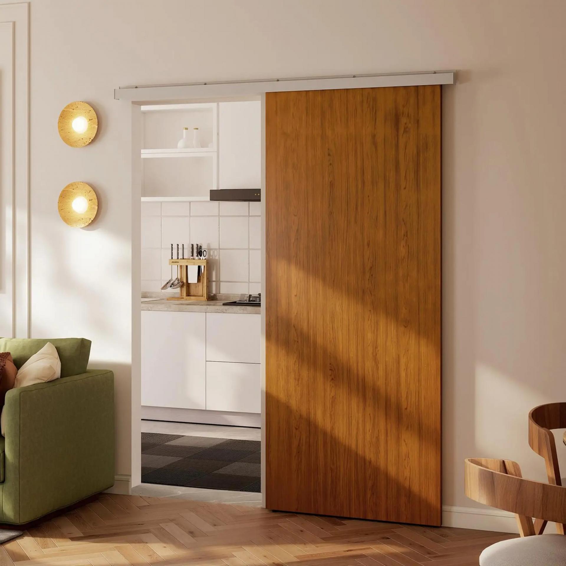 Puerta Corredera con Herrajes 90x210 cm con Rodillo Riel de Aluminio Guía de Suelo Marrón