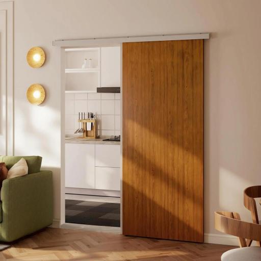 Puerta Corredera con Herrajes 90x210 cm con Rodillo Riel de Aluminio Guía de Suelo Marrón