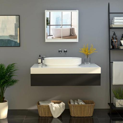 Armario de Baño con Espejo con 2 Puertas y Balda Ajustable Mueble Colgante de Estilo Moderno 48x14,5x45 cm Blanco [8]