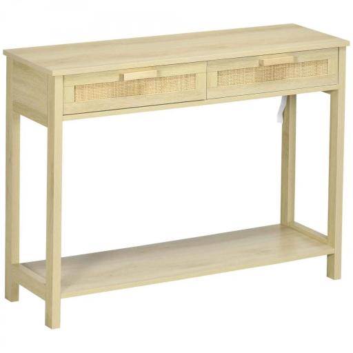 Mesa Consola Mesa de Entrada con 2 Cajones de la Superficie de Ratán y Estante Inferior para Pasillo Salón Dormitorio de Estilo Rústico 100x30x76 cm Natural [8]