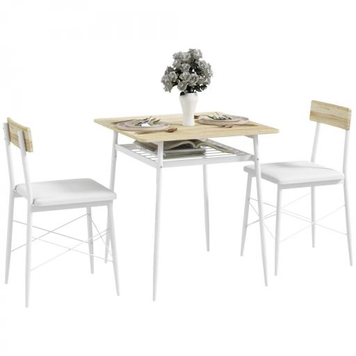Conjunto de Mesa y Sillas de Comedor de 3 Piezas con Estante Abierto Estructura de Acero Blanco y Roble [6]