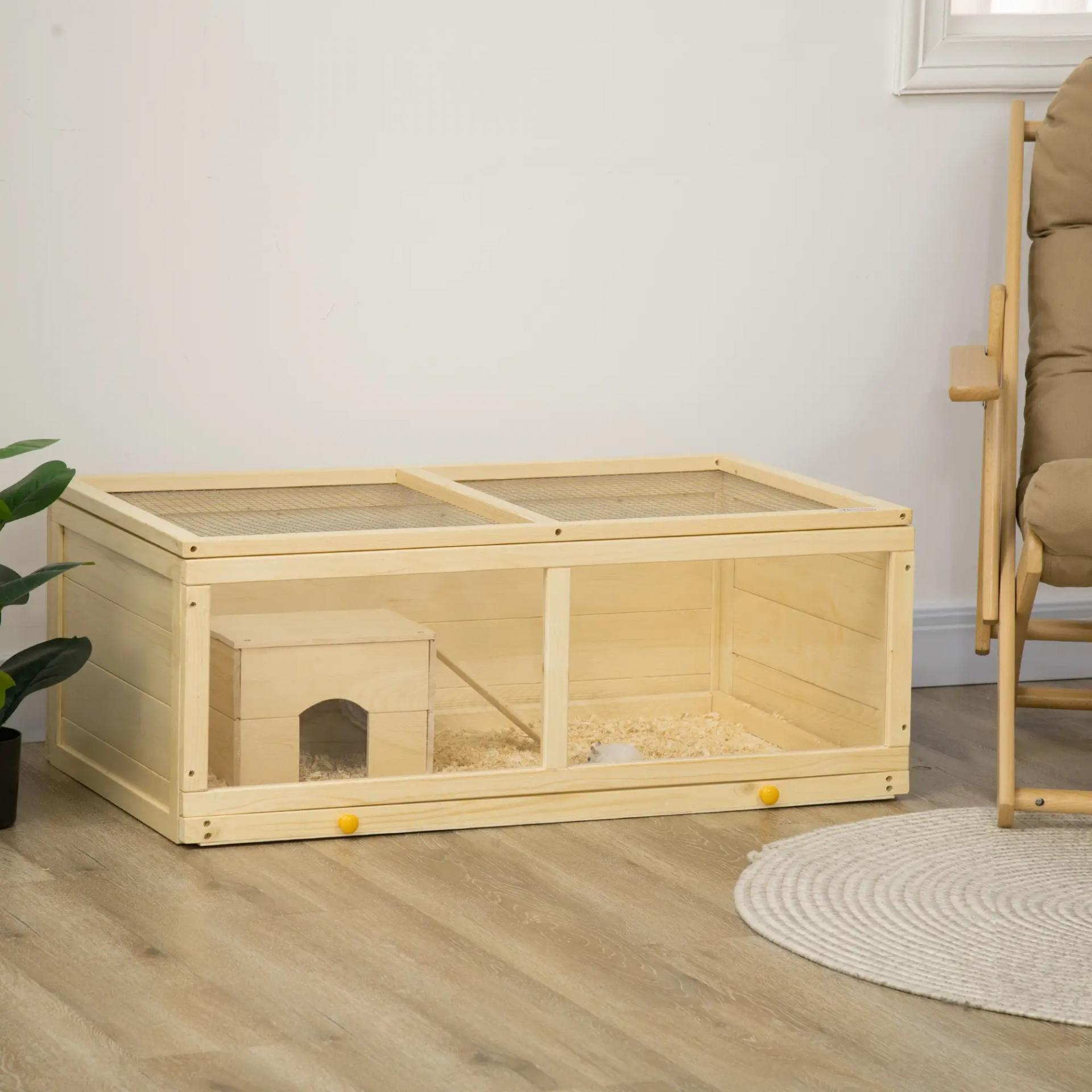 Jaula para Hámster de Madera con Techo Abatible Panel de Acrílico Bandeja Extraíble y Cabaña 100x58x38 cm Natural