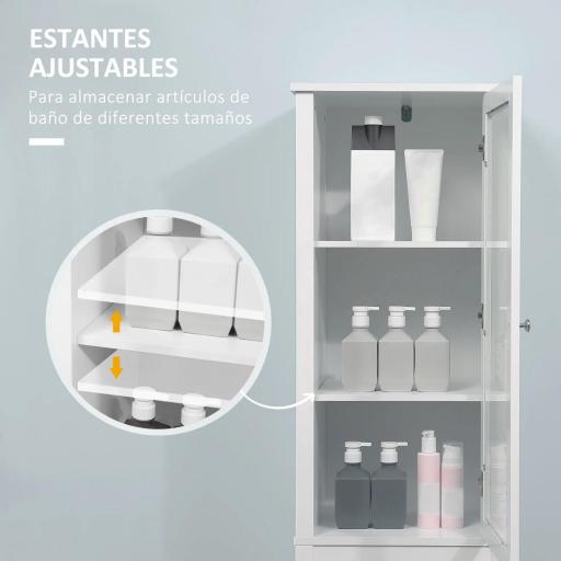 Armario Alto para Baño Mueble Columna de Baño con Puerta de Cristal Estantes Ajustables y 2 Cajones 43x35x160 cm Blanco [3]
