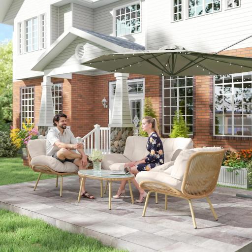 Conjunto de Muebles de Jardín de Rattán de 4 Piezas con Cojines Sofá 2 Sillones y Mesa de Centro Beige [2]